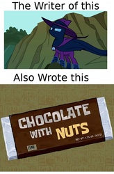Size: 1131x1719 | Tagged: safe, edit, edited screencap, screencap, mare do well, g4, the mysterious mare do well, chocolate, chocolate with nuts, merriwether williams, spongebob squarepants, text