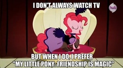 Size: 744x413 | Tagged: safe, pinkie pie, g4, commercial, hub logo, image macro, promo, saloon dress, the most interesting man in the world, youtube link