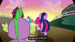 Size: 639x360 | Tagged: safe, edit, edited screencap, screencap, applejack, pinkie pie, rainbow dash, rarity, spike, twilight sparkle, dragon, pony, unicorn, applebuck season, g4, baked bads, caption, farm, female, male, mare, sweet apple acres, text, youtube caption