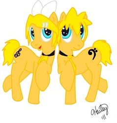 Size: 1356x1425 | Tagged: dead source, safe, artist:fireslazahs, earth pony, pony, brother and sister, duo, female, kagamine len, kagamine rin, male, necktie, ponified, simple background, smiling, twins, vocaloid, white background