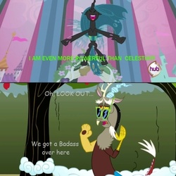 Size: 500x499 | Tagged: safe, edit, edited screencap, screencap, discord, queen chrysalis, changeling, changeling queen, a canterlot wedding, g4, the return of harmony, comic sans, female, hub logo, meme, sarcasm