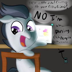 Size: 1100x1100 | Tagged: safe, artist:cosmonaut, rumble, scootaloo, g4, blatant lies, club penguin, computer, facehoof, female, male, ship:rumbloo, shipping, straight