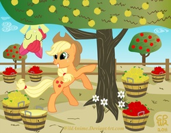 Size: 3310x2584 | Tagged: safe, artist:wildanime, apple bloom, applejack, earth pony, pony, g4, apple, female, filly, food, mare, tree