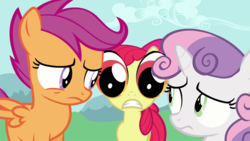 Size: 640x360 | Tagged: safe, artist:capnpea, edit, edited screencap, screencap, apple bloom, scootaloo, sweetie belle, g4, eye bulging, eyes, fimbriae, millionth comment on the site, special eyes, wat