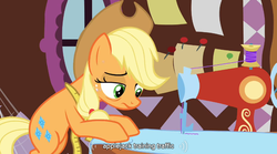 Size: 765x425 | Tagged: safe, screencap, applejack, g4, magical mystery cure, swapped cutie marks, youtube caption
