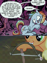Size: 400x525 | Tagged: safe, edit, edited screencap, idw, screencap, applejack, rainbow dash, pegasus, pony, g4, sleepless in ponyville, animated, bow drill, earth pony master race, female, mare, mouth hold, text
