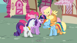Size: 760x422 | Tagged: safe, screencap, applejack, fluttershy, pinkie pie, rainbow dash, rarity, twilight sparkle, g4, magical mystery cure, big crown thingy, butt, female, necklace, plot, youtube caption