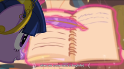 Size: 764x426 | Tagged: safe, screencap, twilight sparkle, g4, magical mystery cure, book, quill, youtube caption