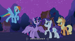 Size: 764x424 | Tagged: safe, screencap, applejack, rainbow dash, rarity, twilight sparkle, alicorn, pony, g4, magical mystery cure, twilight sparkle (alicorn), wings, youtube caption