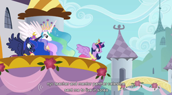 Size: 763x425 | Tagged: safe, screencap, princess celestia, princess luna, twilight sparkle, alicorn, pony, g4, magical mystery cure, big crown thingy, celestia's ceremonial crown, clothes, coronation, coronation dress, crown, dress, element of magic, female, jewelry, luna's ceremonial crown, mare, regalia, smiling, spread wings, twilight sparkle (alicorn), wings, youtube caption