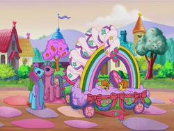 Size: 640x480 | Tagged: safe, screencap, rainbow dash (g3), sweetberry, g3, the princess promenade, cake, float, rainbow, rainbow cake