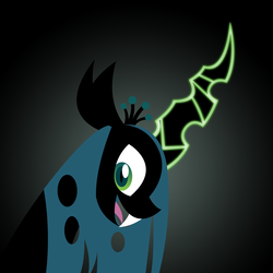Size: 3000x3000 | Tagged: safe, artist:omegasunburst, queen chrysalis, changeling, changeling queen, g4, crown, cute, cutealis, fangs, female, glowing horn, gradient background, horn, jewelry, lineless, mare, minimalist, open mouth, profile, regalia, smiling, solo