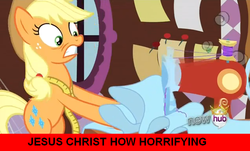 Size: 637x385 | Tagged: safe, edit, edited screencap, screencap, applejack, earth pony, pony, g4, magical mystery cure, season 3, fabric, female, gritted teeth, hub logo, jesus christ how horrifying, mare, measuring tape, sewing, sewing machine, swapped cutie marks, teeth