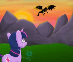 Size: 1900x1600 | Tagged: safe, artist:maniacalmelody, spike, twilight sparkle, dragon, g4, crying, mountain, older, sad, sunset, wings