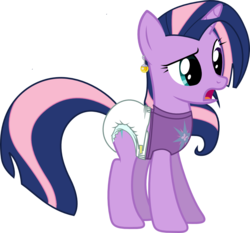 Size: 1000x930 | Tagged: safe, artist:cupcakescankill, fluttershy, twilight sparkle, oc, oc only, oc:flutter sparkle, pony, unicorn, g4, clothes, diaper, dragon ball, fusion, fusion:fluttershy, fusion:twilight sparkle, fusion:twishy, heterochromia, non-baby in diaper, potara, shirt, simple background, solo, transparent background