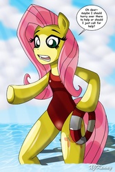 Size: 550x821 | Tagged: safe, artist:xjkenny, fluttershy, pegasus, pony, semi-anthro, g4, arm hooves, baywatch, clothes, lifeguard, lifeguard fluttershy, one-piece swimsuit, swimsuit