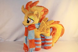 Size: 800x533 | Tagged: safe, artist:karasunezumi, spitfire, g4, clothes, irl, photo, plushie, scarf, socks, striped socks, thigh highs