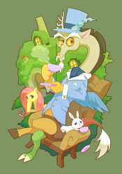 Size: 630x900 | Tagged: safe, artist:yow, angel bunny, discord, fluttershy, draconequus, pony, rabbit, g4, animal, chair, female, fluttershy's cottage, male, pixiv, tea