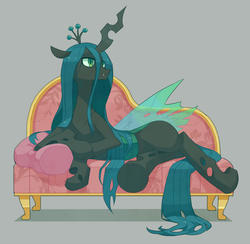 Size: 820x800 | Tagged: safe, artist:yow, queen chrysalis, changeling, changeling queen, g4, couch, crown, female, jewelry, pixiv, regalia, solo