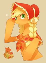 Size: 519x700 | Tagged: safe, artist:yow, apple bloom, applejack, big macintosh, granny smith, earth pony, pony, g4, blushing, bonnet, cottagecore, cute, eye clipping through hair, jackabetes, male, pixiv, stallion, tan background