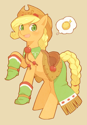 Size: 560x800 | Tagged: safe, artist:yow, applejack, earth pony, pony, g4, bits, blushing, clothes, dress, female, gala dress, looking back, open mouth, pixiv, rearing, simple background, solo, thought bubble