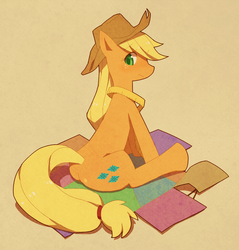 Size: 670x700 | Tagged: safe, artist:yow, applejack, earth pony, pony, g4, blushing, butt, female, measuring tape, pixiv, plot, sitting, solo, swapped cutie marks