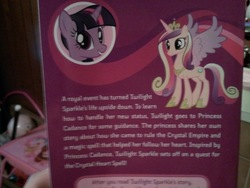 Size: 1600x1200 | Tagged: safe, princess cadance, twilight sparkle, g4, my little pony chapter books, official, twilight sparkle and the crystal heart spell, blurry, book, photo, synopsis, text