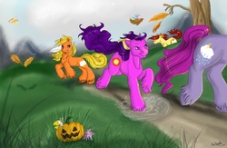 Size: 970x632 | Tagged: safe, artist:silvermoonbreeze, fireball (g1), lightning (g1), sunburst (g1), thundercloud (g1), breezie, earth pony, pony, g1, g3, autumn, chin fluff, galloping, grass, halloween, holiday, jack-o-lantern, lightning, male, path, puddle, pumpkin, race, rearing, running, splash, stallion, tree, unshorn fetlocks