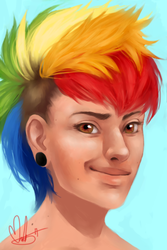 Size: 400x600 | Tagged: safe, artist:foervraengd, rainbow dash, human, g4, female, humanized, multicolored hair, rainbow hair, realistic, solo