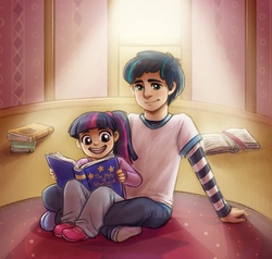 Size: 800x760 | Tagged: safe, artist:courtneygodbey, shining armor, twilight sparkle, human, g4, book, humanized, reading, younger