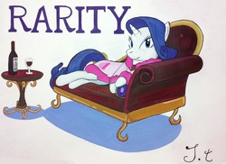 Size: 2248x1636 | Tagged: safe, artist:jet-ann, rarity, g4, bathrobe, clothes, couch, fainting couch, robe, solo, wine