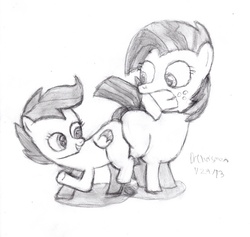 Size: 2048x1938 | Tagged: safe, artist:drchrisman, babs seed, scootaloo, earth pony, pegasus, pony, g4, butt to butt, butt touch, female, filly, scene interpretation, traditional art