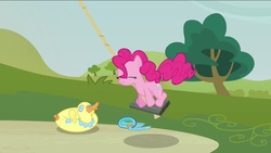 Size: 1136x640 | Tagged: safe, screencap, pinkie pie, earth pony, pony, g4, too many pinkie pies, animation error, eyes closed, female, goggles, inner tube, mare, snorkel, swim mask, swing