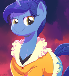 Size: 544x600 | Tagged: source needed, safe, artist:sunibee, night light, pony, g4, bedroom eyes, bright crescent, clothes, female, jacket, looking at you, mare, rule 63, smiling, solo