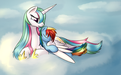 Size: 1600x1000 | Tagged: safe, artist:sokolas, princess celestia, rainbow dash, g4, alternate hairstyle, cloud, cloudy, duo, hug, lidded eyes, momlestia, on a cloud, sleeping, winghug, wings