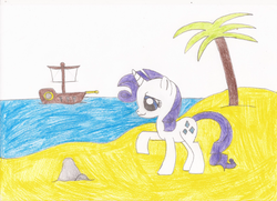 Size: 682x495 | Tagged: safe, artist:star dragon, rarity, pony, g4, female, island, ocean, palm tree, pirate, ship, solo, traditional art, tree, water