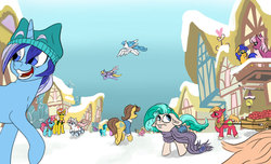Size: 1000x607 | Tagged: safe, artist:22bubble-eyes22, big macintosh, caramel, carrot cake, cheerilee, cloud kicker, cup cake, lightning bolt, lily, lily valley, minuette, nurse redheart, white lightning, oc, oc:gargle, pegasus, pony, g4, apple, ask, cart, clothes, female, hat, male, mare, ponyville, scarf, snow, stallion, the cakes, tumblr, winter