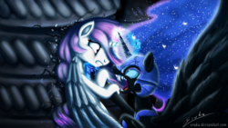 Size: 2000x1125 | Tagged: safe, artist:esuka, nightmare moon, princess celestia, g4, battery, crying, epic, fangs, fight
