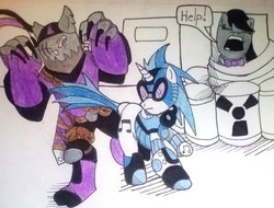 Size: 1263x960 | Tagged: safe, artist:tankconboss, dj pon-3, octavia melody, rover, vinyl scratch, diamond dog, g4, armor, speech bubble, superhero, traditional art