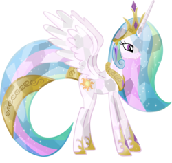 Size: 2877x2726 | Tagged: safe, artist:vector-brony, princess celestia, alicorn, crystal pony, pony, g4, alternate hairstyle, crown, crystallized, female, hoof shoes, horn, jewelry, long horn, long legs, long tail, mare, peytral, princess shoes, regalia, simple background, slender, solo, tail, tail band, tall, thin, transparent background, vector