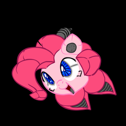 Size: 1280x1280 | Tagged: safe, artist:inkwell, pinkie pie, oc, oc only, oc:pink-e, earth pony, pony, robot, fallout equestria, g4, black background, fallout, fallout: new vegas, fanfic, female, head, mare, ministry mares, open mouth, simple background, solo, spritebot