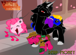 Size: 917x667 | Tagged: safe, artist:inkwell, pinkie pie, oc, oc:cherry pie, oc:pink-e, alicorn, earth pony, pony, robot, fallout equestria, fallout equestria: new pegas, g4, alicorn oc, colored hooves, domino mask, eyes closed, fallout, fallout: new vegas, fanfic, fanfic art, female, floppy ears, flying, god, hat, hooves, horn, male, mare, ministry mares, open mouth, pipbuck, stallion, sunglasses, text, wings