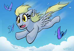 Size: 787x538 | Tagged: safe, artist:redadillio, derpy hooves, bird, pegasus, pony, g4, drool, female, flying, mare, sky, solo, tongue out