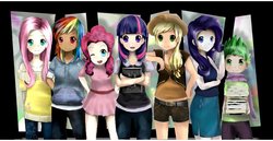 Size: 900x463 | Tagged: safe, artist:artisticsarcasm, artist:noirinmarudon, applejack, fluttershy, pinkie pie, rainbow dash, rarity, spike, twilight sparkle, human, g4, clothes, humanized, mane seven, mane six, skirt