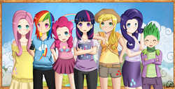 Size: 3916x2000 | Tagged: safe, artist:noirinmarudon, applejack, fluttershy, pinkie pie, rainbow dash, rarity, spike, twilight sparkle, human, g4, clothes, humanized, mane seven, mane six, skirt