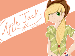 Size: 781x585 | Tagged: safe, artist:andime70, applejack, human, g4, female, humanized, solo, wink