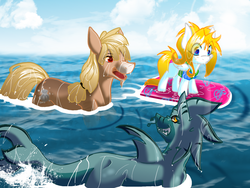Size: 1024x768 | Tagged: safe, artist:thamutt, oc, oc only, oc:frolic, hippocampus, merpony, original species, shark pony, clam shell, clothes, kard, surfboard, swimsuit, water
