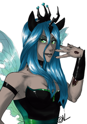 Size: 884x1253 | Tagged: dead source, safe, artist:nickleerie, queen chrysalis, human, g4, eared humanization, female, horn, horned humanization, humanized, solo, winged humanization