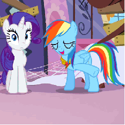 Size: 396x396 | Tagged: safe, screencap, rainbow dash, rarity, pegasus, pony, unicorn, g4, magical mystery cure, season 3, a true true friend, animated, carousel boutique, element of loyalty, elements of harmony, female, singing, sliding, song