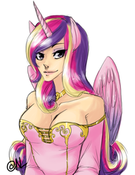 Size: 762x990 | Tagged: safe, artist:nickleerie, princess cadance, human, g4, breasts, clothes, eared humanization, female, horn, horned humanization, humanized, solo, winged humanization
